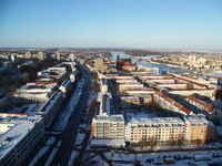 Blick vom Oderturm nach Norden auf die Karl-Marx-Str., die Friedenskirche und auf die Oder. Datum: 02.01.2011, ArchivNr. 73.4001